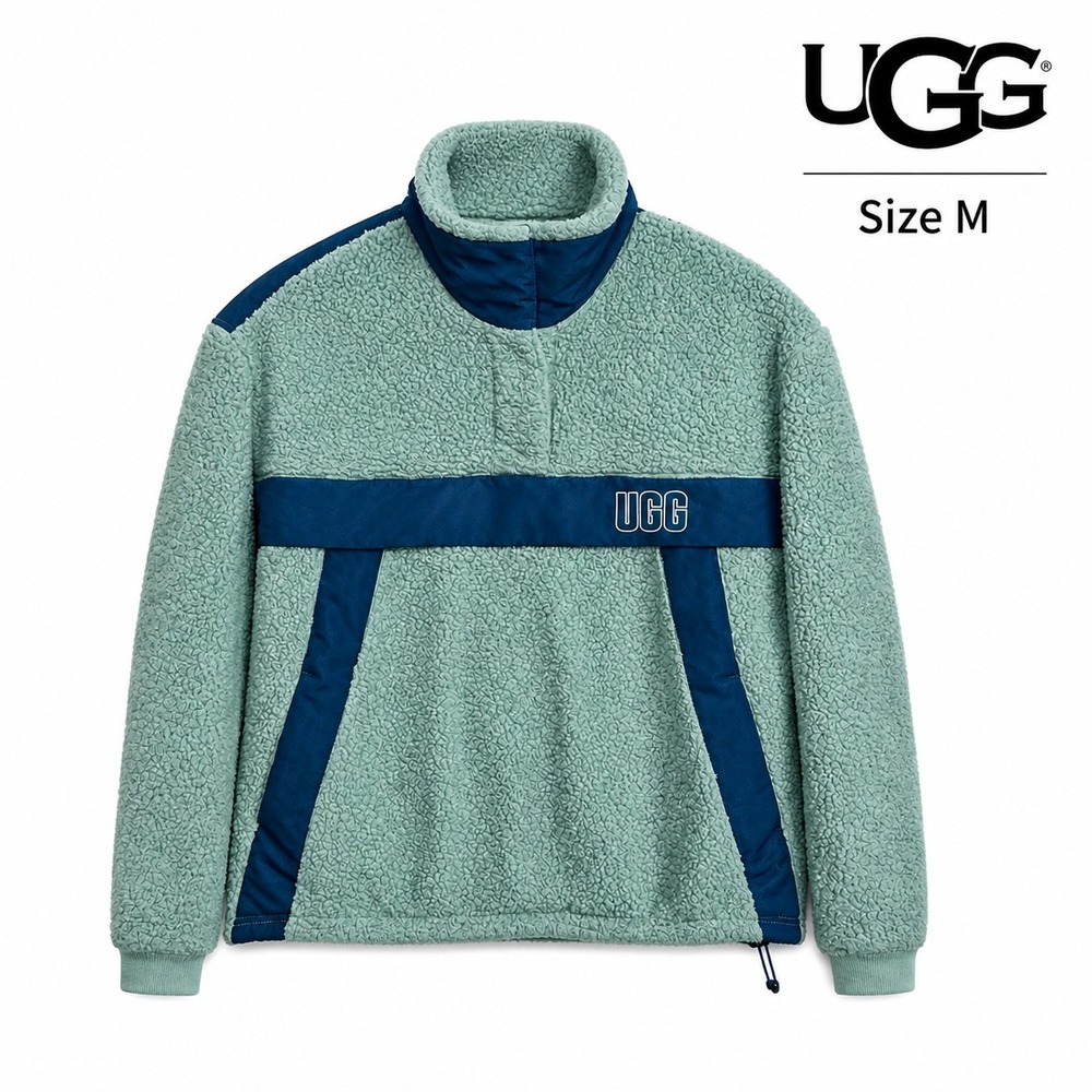 UGG Sherpa Fleece Pullover Women's M Teal Blue Logo Quarter Snap Cozy Sweater